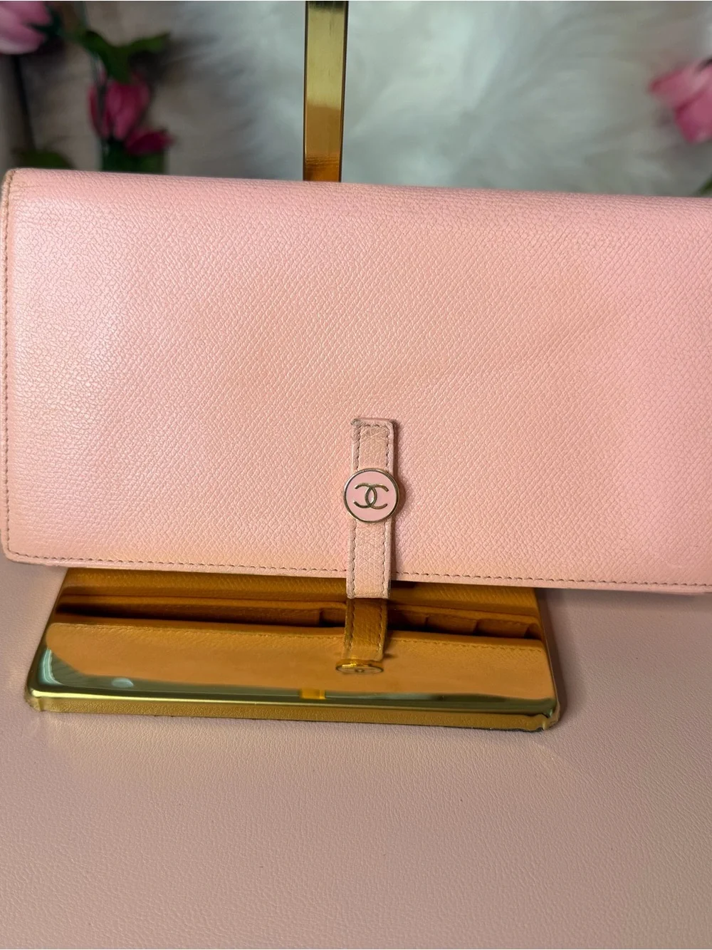 CHANEL Vintage Pink Leather Button Flap Long Wallet Organizer 9-Series